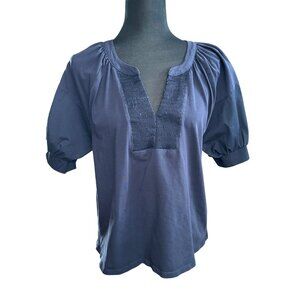 Chico's Shirt Size 1 M Navy Blue Smocked Puff Sleeve Top Cotton Poplin V-Neck